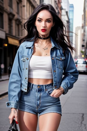 beautiful face, hot red lips, wearing cropped denim jacket and tight levis jeans in light blue color,blackbootsnjeans,Sexy Pose,Megan fox 