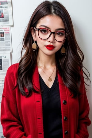 newspaper wall, glasses, parted lips, looking over eyewear,  black jacket, jewelry, long hair, jacket, red shirt, solo, upper body, brown hair, 1girl, necklace, earrings, red sweater, looking at viewer, red-tinted eyewear, sweater, red jacket, red lips ,Crazy face ,glitter,YAMATO,guweiz style, sexy