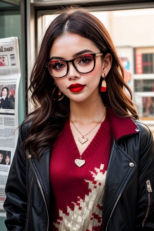 newspaper wall, glasses, parted lips, looking over eyewear,  black jacket, jewelry, long hair, jacket, red shirt, solo, upper body, brown hair, 1girl, necklace, earrings, red sweater, looking at viewer, red-tinted eyewear, sweater, red jacket, red lips ,Crazy face ,glitter,YAMATO,guweiz style, sexy