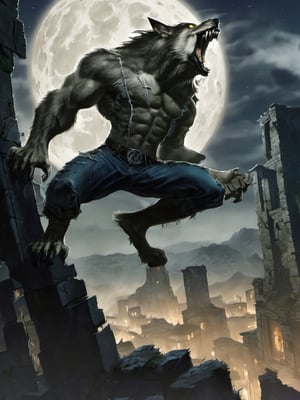 A werewolf in jeans stands tall in an abandoned and haunted lost city. Shouting to the sky, the moonlight highlights your muscles and scars. The scenery is lush and mysterious, with a dark city and surrounding environment.