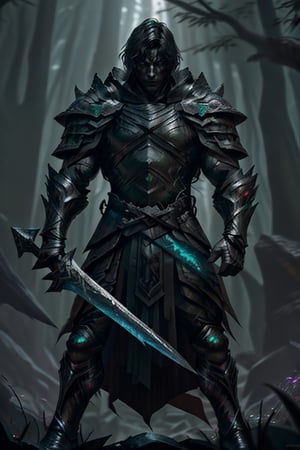 Male, strong, short black hair, dark armor, black cloak, head armor like a wolf, holding a 1.5-meter giant sword in his hand, constantly attacking monsters in the dark forest.