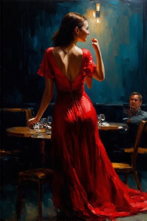 Oil painting of a beautiful woman in a red dress dancing gracefully in a dark cafe.((Karol Bak style)) easel painting. (Rough brush strokes). Mystical.Mysterious.Ethereal. Legend.Dancing captivatingly under the Dim lights in the middle of a quiet cafe.Dark and Hazy background.A strong light shining on her.A charming smile and full of energy.People watching her at the cafe. BREAK (back view), (from behind) rule of thirds, depth of perspective,perfect composition,oil on canvas,impressionism,clear facial features,perfect hands,aesthetic minimalism,by Karol Bak,real_booster,art_booster,flat chested,1girl,skirtlift,(PnMakeEnh), (((petite))),



 