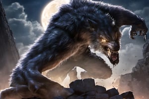 A werewolf, wearing jeans, lightning all over his body, standing tall in an abandoned haunted lost city, facing the enemy, attacking with his claws, tearing, and the moonlight highlighting your muscles and scars. The scenery is lush and mysterious, with a dark city and surrounding environment.