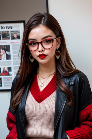 newspaper wall, glasses, parted lips, looking over eyewear,  black jacket, jewelry, long hair, jacket, red shirt, solo, upper body, brown hair, 1girl, necklace, earrings, red sweater, looking at viewer, red-tinted eyewear, sweater, red jacket, red lips ,Crazy face ,glitter,YAMATO,guweiz style, sexy