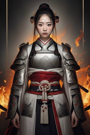 physically-based rendering, portrait, ultra-fine painting, extreme detail description, Akira Kurosawa's movie-style poster features a full-body shot of a 28-year-old girl, embodying the samurai spirit of Japan's Warring States Period, An enigmatic female samurai warrior, clad in ornate armor , This striking depiction, seemingly bursting with unspoken power, illustrates a fierce and formidable female warrior in the midst of battle. The image, likely a detailed painting, showcases the intensity of the female samurai's gaze and the intricate craftsmanship of his armor. Each intricately depicted detail mesmerizes the viewer, immersing them in the extraordinary skill and artistry captured in this remarkable 