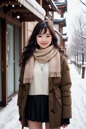 Beautiful and delicate light, (beautiful and delicate eyes), pale skin, big smile, (brown eyes), (black long hair), dreamy, medium chest, woman 1, (front shot), Korean girl, bangs, soft expression, height 170, elegance, bright smile, 8k art photo, realistic concept art, realistic, portrait, necklace, small earrings, handbag, fantasy, jewelry, shyness, skirt, winter parka, scarf, snowy street, footprints,