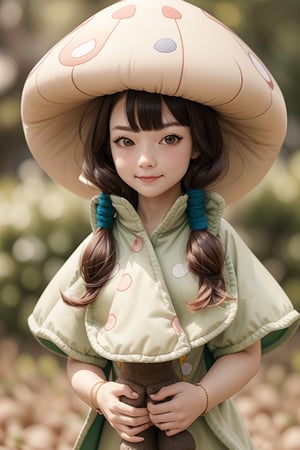 A woman wearing a mushroom doll costume,1 girl