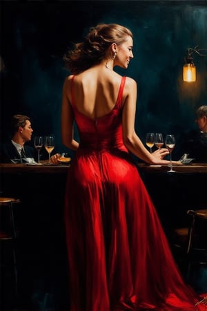 Oil painting of a beautiful woman in a red dress dancing gracefully in a dark cafe.((Karol Bak style)) easel painting. (Rough brush strokes). Mystical.Mysterious.Ethereal. Legend.Dancing captivatingly under the Dim lights in the middle of a quiet cafe.Dark and Hazy background.A strong light shining on her.A charming smile and full of energy.People watching her at the cafe. BREAK (back view), (from behind) rule of thirds, depth of perspective,perfect composition,oil on canvas,impressionism,clear facial features,perfect hands,aesthetic minimalism,by Karol Bak,real_booster,art_booster,flat chested,1girl,skirtlift,(PnMakeEnh), (((petite))),



 