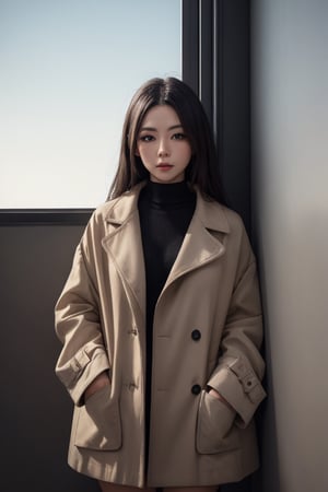 A woman, window background,Wearing an oversized coat

,8k,pov