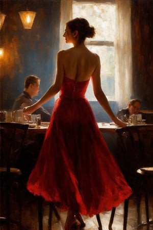 Oil painting of a beautiful woman in a red dress dancing gracefully in a dark cafe.((Karol Bak style)) easel painting. (Rough brush strokes). Mystical.Mysterious.Ethereal. Legend.Dancing captivatingly under the Dim lights in the middle of a quiet cafe.Dark and Hazy background.A strong light shining on her.A charming smile and full of energy.People watching her at the cafe. BREAK (back view), (from behind) rule of thirds, depth of perspective,perfect composition,oil on canvas,impressionism,clear facial features,perfect hands,aesthetic minimalism,by Karol Bak,real_booster,art_booster,flat chested,1girl,skirtlift,(PnMakeEnh), (((petite))),



 