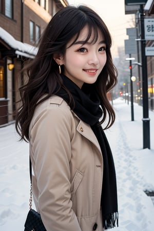 Beautiful and delicate light, (beautiful and delicate eyes), pale skin, big smile, (brown eyes), (black long hair), dreamy, medium chest, woman 1, (front shot), Korean girl, bangs, soft expression, height 170, elegance, bright smile, 8k art photo, realistic concept art, realistic, portrait, necklace, small earrings, handbag, fantasy, jewelry, shyness, skirt, winter parka, scarf, snowy street, footprints,