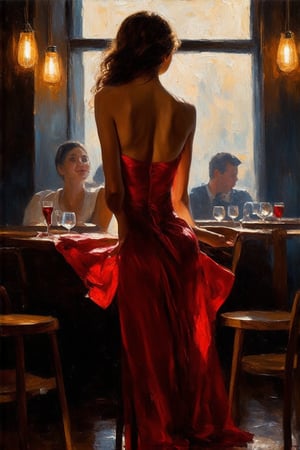 Oil painting of a beautiful woman in a red dress dancing gracefully in a dark cafe.((Karol Bak style)) easel painting. (Rough brush strokes). Mystical.Mysterious.Ethereal. Legend.Dancing captivatingly under the Dim lights in the middle of a quiet cafe.Dark and Hazy background.A strong light shining on her.A charming smile and full of energy.People watching her at the cafe. BREAK (back view), (from behind) rule of thirds, depth of perspective,perfect composition,oil on canvas,impressionism,clear facial features,perfect hands,aesthetic minimalism,by Karol Bak,real_booster,art_booster,flat chested,1girl,skirtlift,(PnMakeEnh), (((petite))),



 