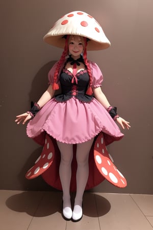 A woman wearing a mushroom doll costume,1 girl