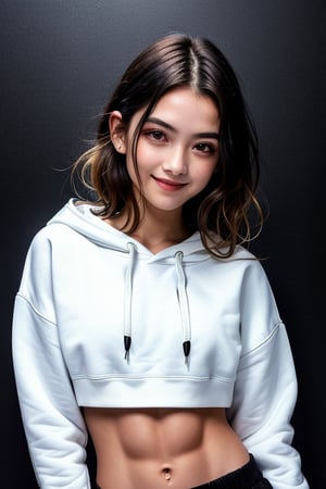 4k,best quality,masterpiece,20yo 1girl,(cropped sweatshirt),(demin pant), alluring smile, open hoodie,

(Beautiful and detailed eyes),
Detailed face, detailed eyes, double eyelids ,thin face, real hands, muscular fit body, semi visible abs, ((short hair with long locks:1.2)), black hair, black background,


real person, color splash style photo,
