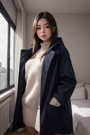 A woman, window background,Wearing an oversized coat

,8k,pov