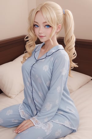 A woman with twin tail curly hair, blonde hair, blue eyes, 8k, lace pajamas