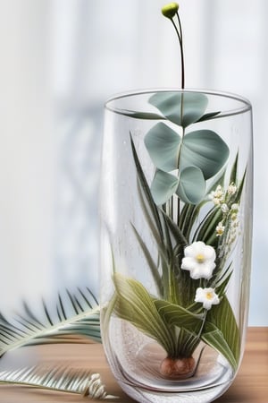 There are flowers in the glass, no humans, leaves, plants, white flowers, still life, professional photography, ultra-high-definition,