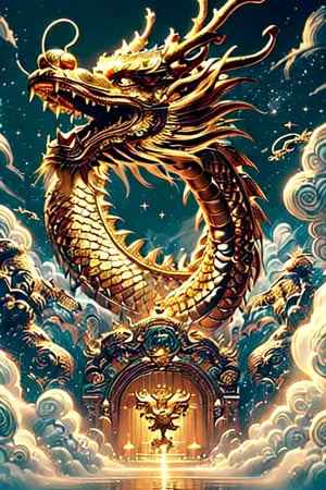 (Masterpiece, high quality:1.5), Vibrant, detailed, high-resolution, artistic, majestic, magnificent , elaborate detail, awe-inspiring, splendid, celebratory,

(Giant golden dragon:1.2), flying dragon in the sky, large, majestic, overwhelming presence, by Futu rEvoLab, historical, mythical, dynamic, visually striking, Exquisite face, there is a golden text "Happy New Year 2024" at the top left