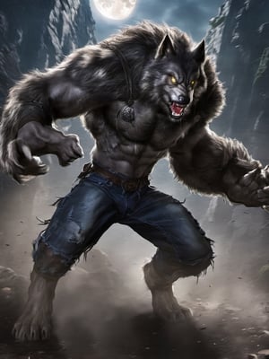 A werewolf, wearing jeans, stands tall in an abandoned haunted lost city, facing the enemy, attacking with claws, tearing, and the moonlight highlights your muscles and scars. The scenery is lush and mysterious, with a dark city and surrounding environment.,action shot
