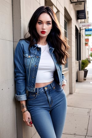 beautiful face, hot red lips, wearing cropped denim jacket and tight levis jeans in light blue color,blackbootsnjeans,Sexy Pose,Megan fox 