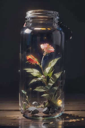 Art in glass, there are all kinds of flowers in the glass, no human beings, leaves, plants, flowers of various colors, a large number of glowing small light spots, still life, professional photography, ultra-high definition,