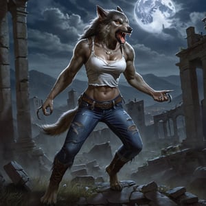 A female werewolf, wearing jeans, running, standing high in an abandoned haunted lost city, facing the enemy, attacking with his claws, tearing, and the moonlight highlighting your muscles and scars. The scenery is lush and mysterious, with a dark city and surrounding environment.