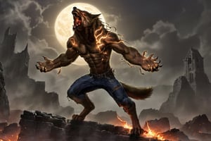 A werewolf, wearing jeans, running, standing tall in an abandoned haunted lost city, facing the enemy, attacking with his claws, tearing, and the moonlight highlighting your muscles and scars. The scenery is lush and mysterious, with a dark city and surrounding environment.,fire that looks like...