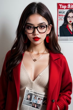 newspaper wall, glasses, parted lips, looking over eyewear,  black jacket, jewelry, long hair, jacket, red shirt, solo, upper body, brown hair, 1girl, necklace, earrings, red sweater, looking at viewer, red-tinted eyewear, sweater, red jacket, red lips ,Crazy face ,glitter,YAMATO,guweiz style, sexy