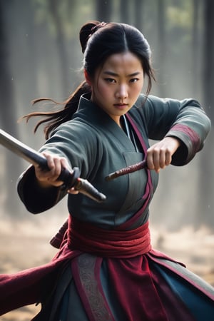 RAW photo,
Mulan is drawing her sword. She looks fiercely determined. Dynamic action shot. 

absurdres, masterpiece, award-winning photography, Volumetric lighting, extremely detailed, highest quality photo, RAW photo, 16k resolution, Fujifilm XT3, sharp focus, realistic texture