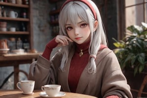 amiya(arknights), 1girl,8k wallpaper,extremely detailed figure, amazing beauty, detailed characters, {detailed background},aestheticism, sitting, winter, coffee shop, corner, coat, scarf, large breasts, gray hair, red eyes, emotionless, obedient, obedient, thick eyebrows, small nose, full lips, long eyelashes, delicate neck, slender shoulders, bare arms, delicate hands, long fingers, pointed nails, high cheekbones, oval face, smooth skin, rosy cheeks, cup of coffee, saucer, steam, warm, cozy, comfortable, relaxed, calm, quiet, peaceful, serene, contemplative, close-up, best quality, amazing quality, very aesthetic, absurdres