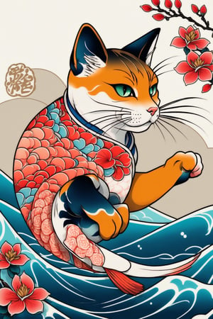 there is a cat and a carp fish tattoo, detailed cat, anime manga!! cat tattoo, Japanese art style, colorful illustration for tattoo, by Kan9an, ukiyoe style, Japanese illustration, by Shiba K0kan, line art illustration