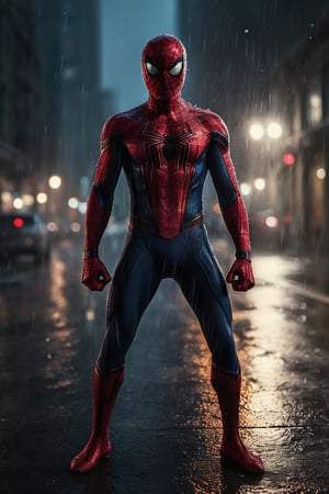 epic portrait of spiderman in the rain, night, lit by city street lights

intricate, volumetric lighting, magical, fantastical, cinematic