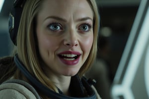 closeup cinematic portrait of Amanda Seyfried, eyes wide with urgency while racing to evacuate a doomed space station, face sweating, wearing a spacesuit with built-in life support; behind, warning klaxons blare as systems fail