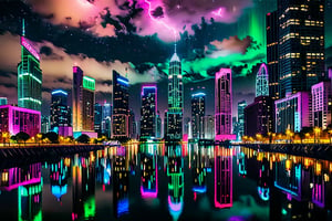 photo 
City Skyline at Night, illuminated skyscrapers piercing the starless sky. Nestled beside a calm river, reflecting the city lights like a mirror. The atmosphere is buzzing with urban energy and intrigue. Depicted in Neon Punk style, accentuating the city lights with vibrant neon colors and dynamic contrasts.