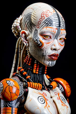photo 
marble sculpture, Maasai cyborg with Japanese tattoos , albino with orange, Expressive Ink Dynamics, by David LaChapelle, black background