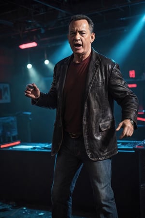 RAW photo,
Tom Hanks performing a battle rap in a club in Detroit. Neon lighting.

absurdres, masterpiece, award-winning photography, Volumetric lighting, extremely detailed, highest quality photo, RAW photo, 16k resolution, Fujifilm XT3, sharp focus, realistic texture