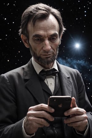 RAW photo,
Abraham Lincoln using an iPhone in space.

absurdres, masterpiece, award-winning photography, Volumetric lighting, extremely detailed, highest quality photo, RAW photo, 16k resolution, Fujifilm XT3, sharp focus, realistic texture