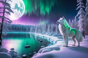 Imagine a breathtaking landscape where the northern lights, in a mesmerizing array of green and purple hues, dance across the sky above a pristine, snow-covered forest. The moon, full and luminous, casts a gentle glow over the scene, illuminating a crystal-clear, frozen lake that reflects the celestial spectacle above. In the foreground, (a majestic white wolf stands at the lake's edge:1.35), its fur glistening in the moonlight, with eyes that hold a wise and serene expression. The trees around are tall and majestic, their branches heavy with snow, creating a natural cathedral-like structure. The air seems to sparkle with the magic of the scene, and in the distance, a quaint wooden cabin with soft light glowing from its windows suggests a warm, inviting haven in this enchanting winter wonderland.

absurdres, masterpiece, award-winning photography, Volumetric lighting, extremely detailed, highest quality photo, RAW photo, 16k resolution, Fujifilm XT3, sharp focus, realistic texture