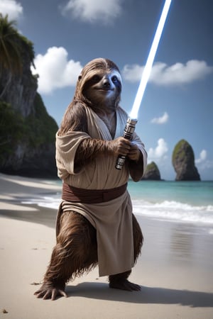 Award winning photography, Raw photo, masterpiece, realistic photo of a Jedi sloth-human hybrid on a tropical beach.  He is (holding a lightsaber:1.3), ready for action. The scene has a mystical and ethereal feel. 

Wrinkles, pores, extreme skin detail. 
Highly detailed, absurdres, sharp focus, volumetric lighting, 
