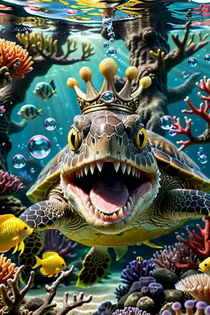 photo 
fish, no humans, underwater, coral, photoshop, teeth, fins, sharp teeth, open mouth, blurry, solo, yellow eyes, crown, water, fangs, official art, air bubble, depth of field, bubble, scales, tree, original, tail, animal, monster, creature, looking at viewer, turtle, day, wings