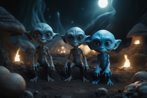 a photo of two aliens facing the camera on a black planet.
Background is Smurf village.
intricate, volumetric lighting, night in space, magical, fantastical, cinematic