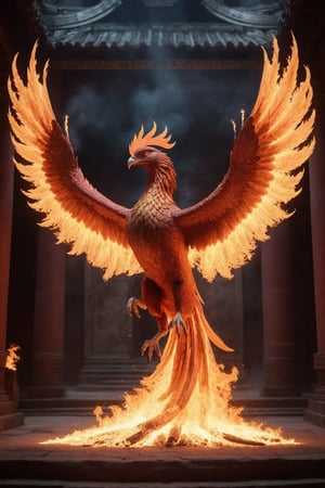 Award winning photography, Raw photo, masterpiece, realistic photo of mythical phoenix erupting into magical flame inside a temple. Glowing cinders are throughout the scene. The scene has a mystical and ethereal feel. 

Wrinkles, pores, extreme skin detail. 
Highly detailed, absurdres, sharp focus, volumetric lighting, 