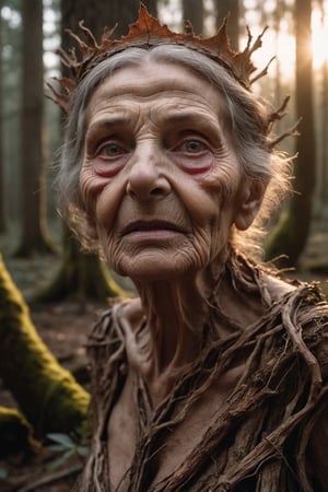 Award winning photography, Raw photo, masterpiece, realistic portrait photo of ancient, withered, gnarled woman in a primeval forest who has become the queen of the forest. 

Golden hour lighting. Wrinkles, pores, extreme skin detail. 
Highly detailed, absurd red, sharp focus, volumetric lighting, 