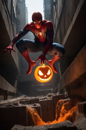 Award winning photography, Raw photo, masterpiece, realistic photo of Spider-Man jumping over (a glowing orange bomb shaped like a jack o lantern:1.2). He is in a sewer. Dynamic action shot. The scene has a mystical and ethereal feel. 

Wrinkles, pores, extreme skin detail. 
Highly detailed, absurdres, sharp focus, volumetric lighting, 