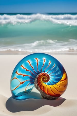 Award winning photography, Raw photo, masterpiece, realistic photo of A captivating scene featuring a vibrant colored glass nautilus shell, on beach, in front of a wave in the ocean, illuminated by the bright summer sun.

The scene has a mystical and ethereal feel. Wrinkles, pores, extreme skin detail. Highly detailed, absurdres, sharp focus, volumetric lighting, ,thm style