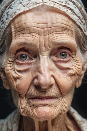 Wrinkled elderly woman, skinny, ancient, skin aged and cracking, glowing from within, hyperdetailed photography, volumetric light, portrait, cover 