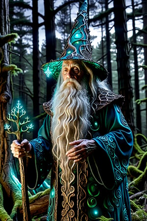 photo of an old wizard made of bioluminescent fractal patterns

forest, night
