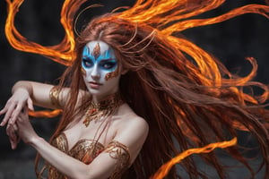 masque dancer with long flowing hair and a fiery blue eyes, her skin aflame, a dance