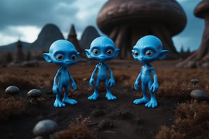 a photo of two aliens facing the camera on a black planet with a Smurf village in the background, intricate, volumetric lighting, night in space, magical, fantastical, cinematic