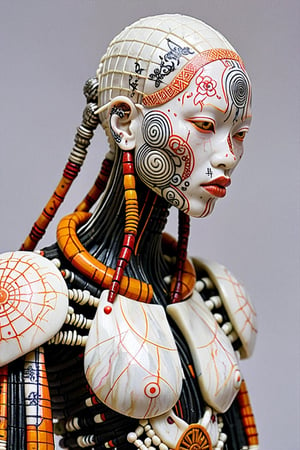 photo 
marble sculpture, Maasai cyborg with Japanese tattoos , albino with orange, 